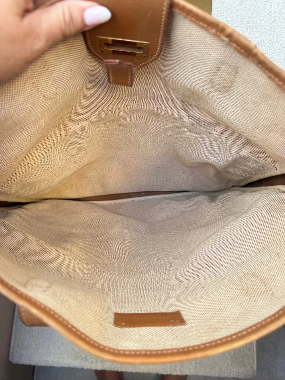 Hermes Tan & Cream Canvas Leather Messenger Tote